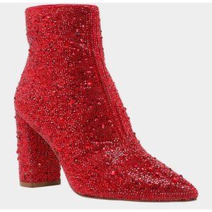Betsey Johnson Rhinestones Ankle Boots Womens 9.5 Red Pointed Toe Block Heel Zip